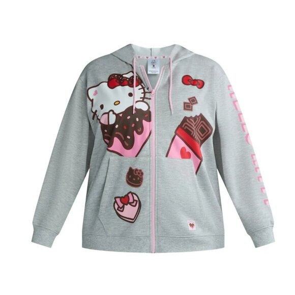 Hello Kitty Womens Valentines Day Chocolate Heart Zip Hoodie Gray Large 12-14 - Picture 1 of 10